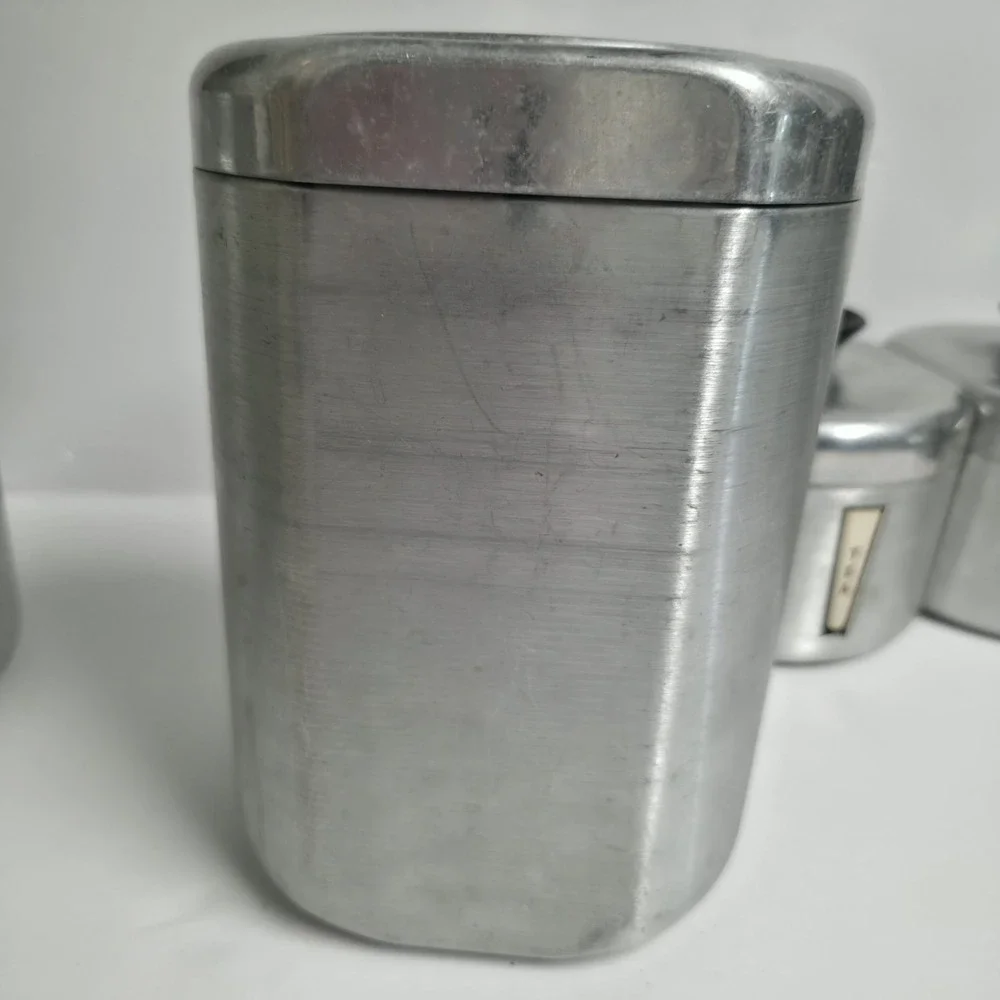 Vintage Kromex Aluminum Canister Set 4pc Flour Sugar Coffee Tea 1950s MCM Retro